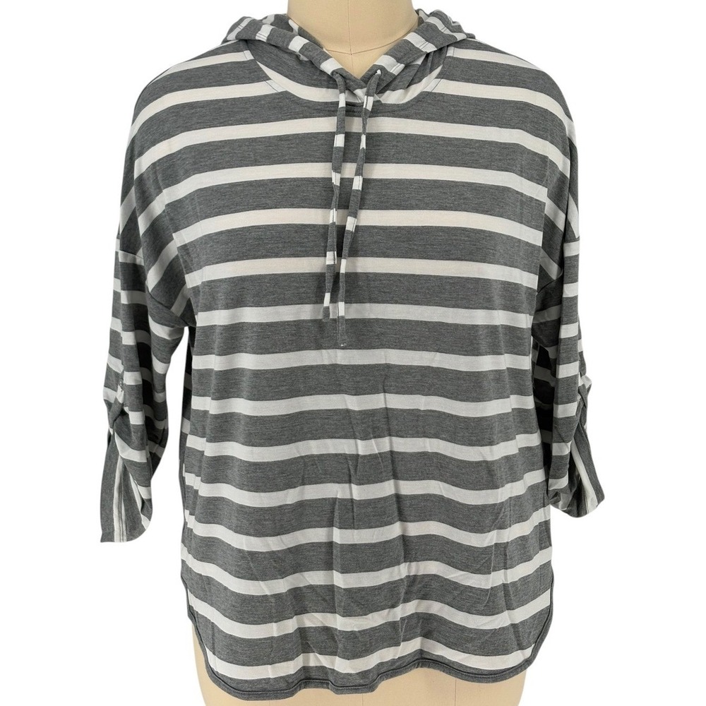 Cupio Hoodie Top Grey White Striped Roll‎ Tab Sleeve 2X